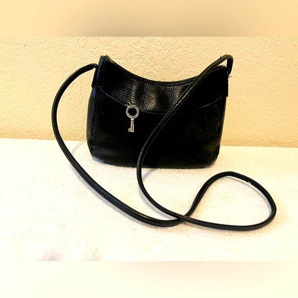Fossil Vintage Purse Black Leather Small Crossbody Bag Key Charm Shoulder - Picture 1 of 10